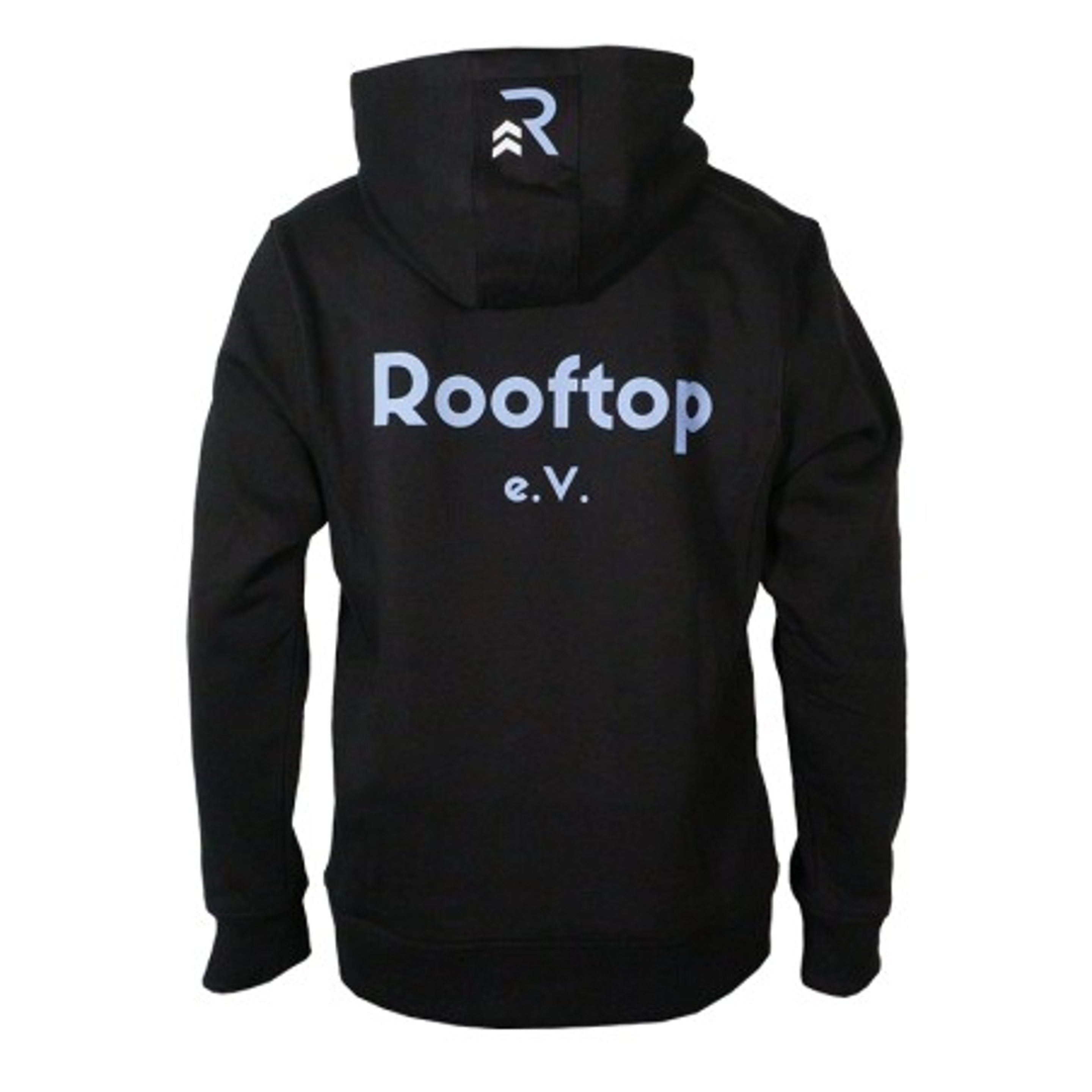 Schwarzer Kapuzenpullover mit weißem „Rooftop e.V.“ und Logo auf dem Rücken.