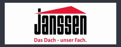 Schriftzug „Janssen“ in Schwarz mit rotem Dach darüber und „Das Dach - unser Fach.“ darunter.